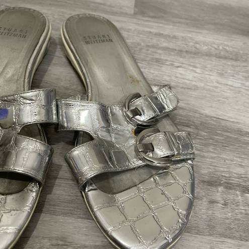 Stuart Weitzman  Silver Metalic Double Buckle Strap Slide Sandals 5.5