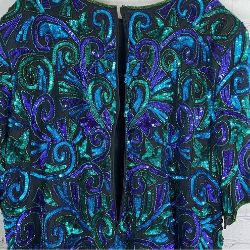 Laurence Kazar VTG  7X 100% Silk Sequin Beaded Blouse Peacock Green Blue Evening