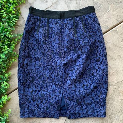 Tracy Reese  New York Lace Floral Pencil Skirt Career Navy Blue Black Size 4