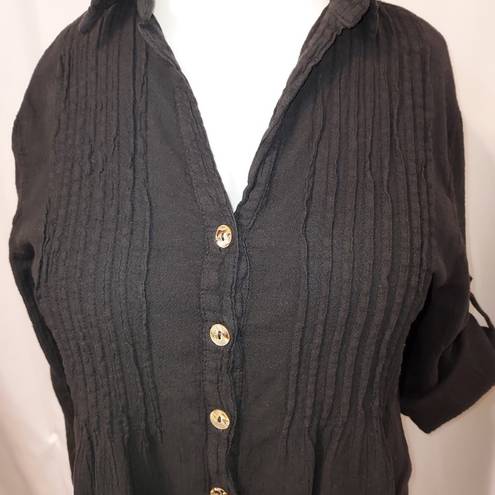 Buttons VINTAGE! DUNES BLACK SHELL  LONG SHIRT TEXTURED BUTTON UP BLOUSE TOP