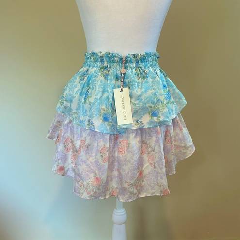 Love Shack Fancy  Ruffle Mini Silk Skirt Floral Rainbow Clouds NWT Size P