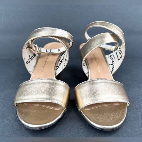 Salvatore Ferragamo  SHEENA METALLIC GOLD LEATHER ANKLE STRAP SANDALS SIZE US 6