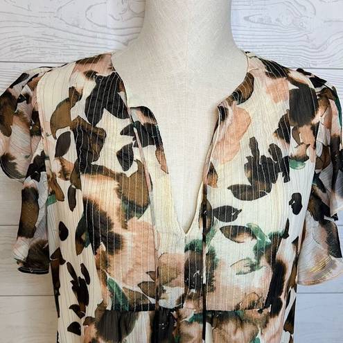 DKNY  brown floral flutter sleeve peasant top Size Large