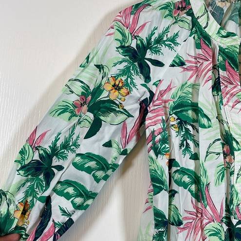 The Loft Petite Women's Tropical Flamingos Palm Trees White Casual Button Shirt XSP