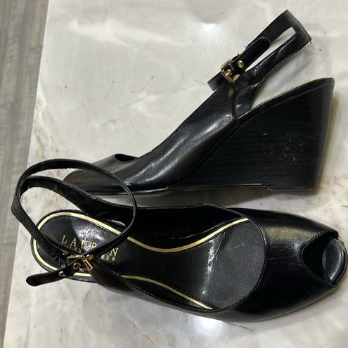 Ralph Lauren | Black Sling Back Wedges With Ankle Strap Size 8.5