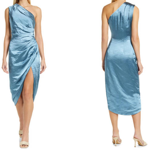 Elliatt  Cassini One Shoulder Party Dress Blue Ruched Drape Lined Midi Slit Zip S