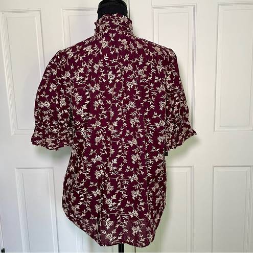 Ann Taylor  NWT Women's Small Maroon Floral Embroidered Blouse Puff Sleeve Ruffle