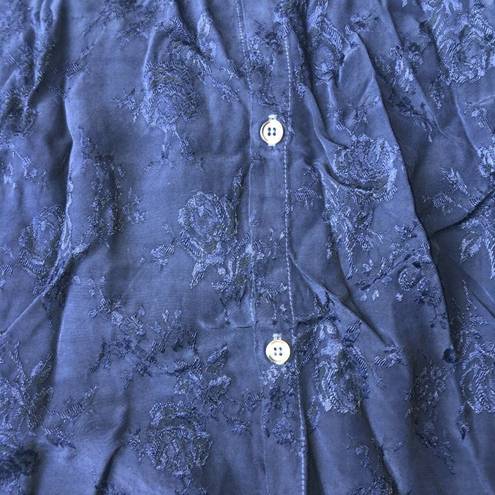 CP Shades  Button Up Blouse Collar Hand Dyed Rayon Floral Embroidered Blue Small