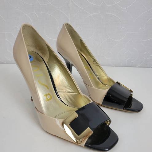 Unisa  Womens Shoes Size 7.5 Tan Black Patent Leather Peep Toe Slip On Heels