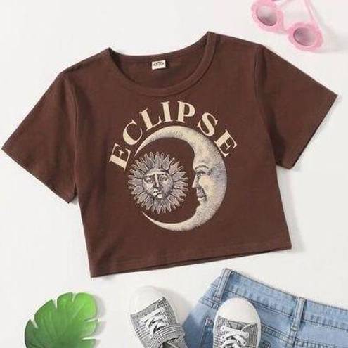 The Moon Youth Girls Eclipse Celestial Sun Crop Graphic Tee Shirt Top - Sz 14/16