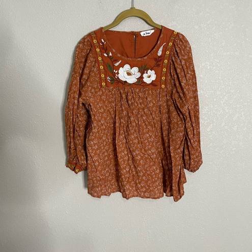 In Bloom  Orange Embroidered Floral Fall Blouse Medium