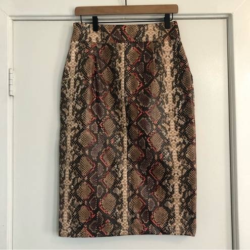 ZARA button front midi pencil skirt faux snake skin print python brown orange