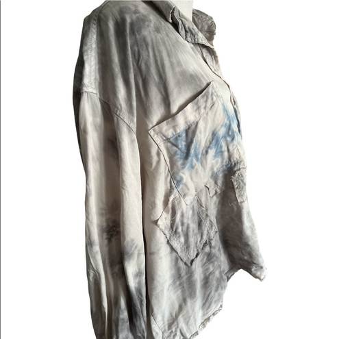 Vintage Havana  Tie Dye Distressed Button Down Hi-Lo Crop Tencel Shirt | Medium