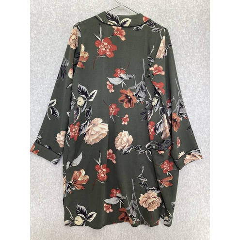 Sky And Sparrow  Olive Green Floral Robe Open Front Cardigan Long Sleeve Small