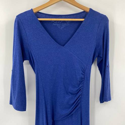 Kuhl  Organic Cotton Jersey Knit Salza Dress Ruched Bodice Tie Belt V Neck Blue S