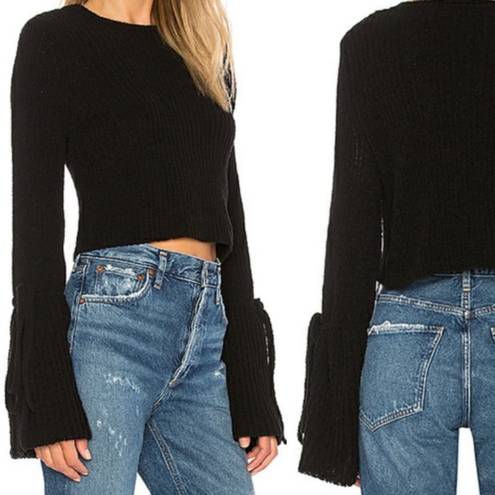 Lovers + Friends  Sweater Cropped Chenille Tie Bell Sleeve Scoop Neck Black Small