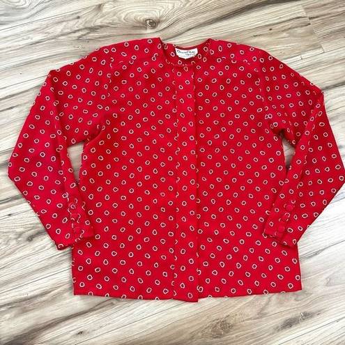 Oscar de la Renta  | Vintage Red White Ring Dot Blouse Hidden Button | Size 8