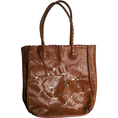 Patricia Nash  Cavo Cognac Brown Floral Tooled Leather Scalloped Cutout Tote Bag