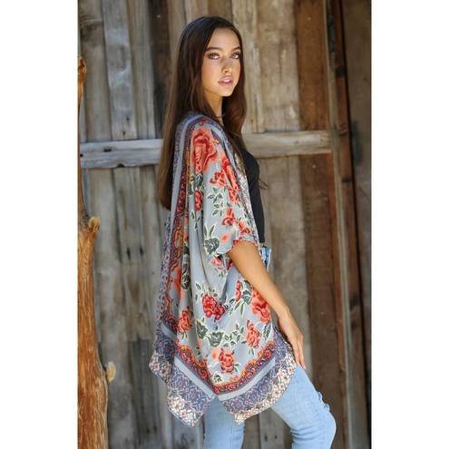 Angie [] Dove Gray Floral Print Flowy Open Front Kimono Cover-Up Boho Top Large L