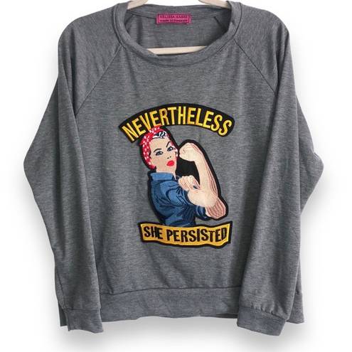 Melissa  Masse Crewneck Rosie The Riveter Grey Embroidered Long Sleeve Top L