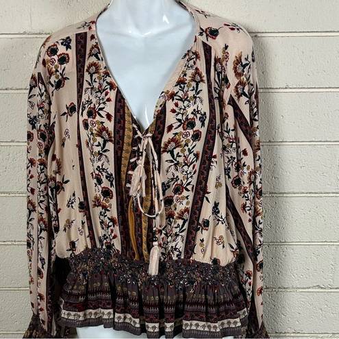 Angie  Tan Floral Boho  Blouse 2X