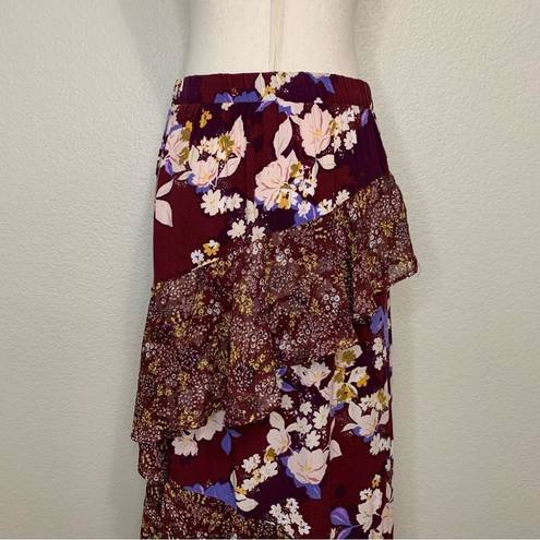 Mossimo Burgundy Floral Ruffle Midi Skirt Size M