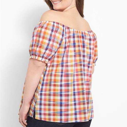 Lane Bryant  Plaid Cotton Off the Shoulder Short Sleeve Elastic Button Size 18/20