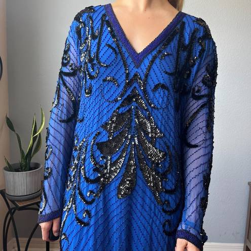 Oleg Cassini Vintage  Blue Beaded Silk Shift Dress Size 14