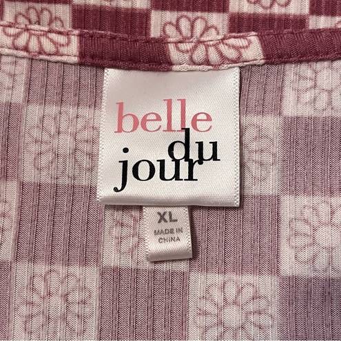 belle du jour Juniors Pink Floral Checkered V-Neck Short Sleeve Fitted Crop Top