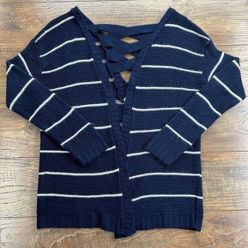 Serendipity  By Victoria Cardigan Sweater Womens Large Blue White‎ Stripe Cutout