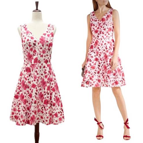 Oscar de la Renta  Pink & White Floral Stretch Cotton A-Line Dress Women’s Size 6