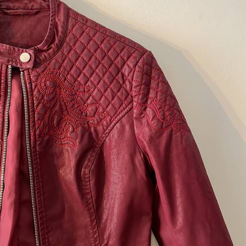 Pleather Red Embroidered Jacket