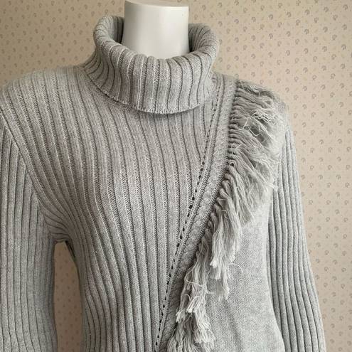 DKNY  Gray Asymmetrical Fringe Ribbed Turtleneck Sweater Sz Large PW6