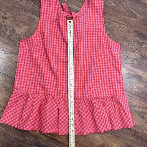 J.Crew  Red Pink Plaid Sleeveless Ruffle Hem Blouse Tie Back Tank Top Women L