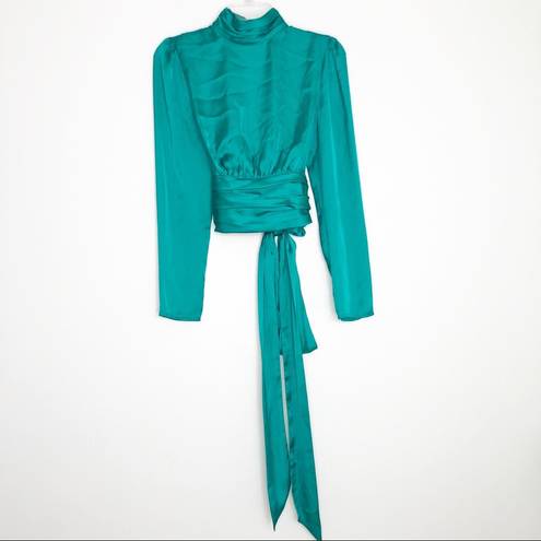 Slate + Willow  Green Satin Crop Top Long Sleeve Open Back Big Bow