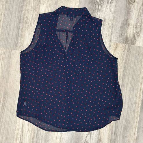 AB Studio Sleeveless Navy Sheer Blouse Red Hearts Print Collared Button Size XL