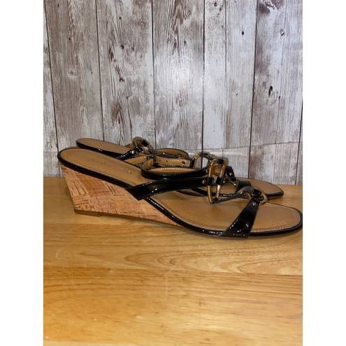 Unisa  Cork Wedge Strappy Black Patent Leather Shoes Sandals Open Toe Size 6.5