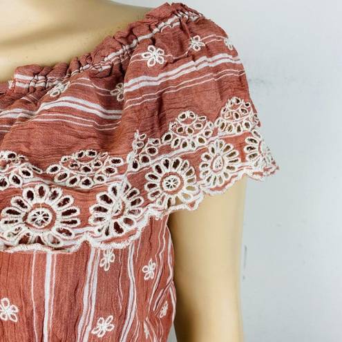 Poof  Cute Cinnamon Color Bohemian Embroidered Detail Women's L Off Shoulder Top