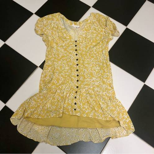 Wish Golden Bloom Floral V-Neck Short Sleeve Dress Ruffle Hem Mustard Yellow szL