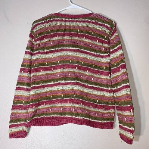 Talbots  PINK STRIPED CARDIGAN WOOD BEADED Knit Boho Coastal Grandma Small Button