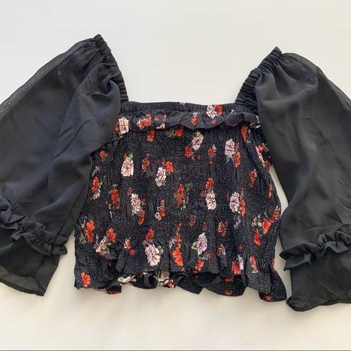 Angie  | Crissa Smocked Floral Black Crop Blouse L