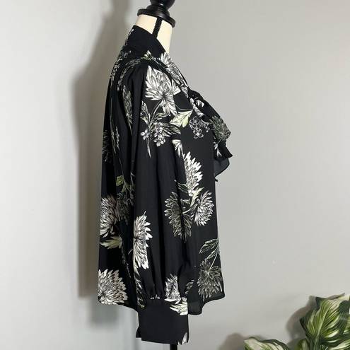 Who What Wear  women's black green floral print tie neck long sleeve blouse