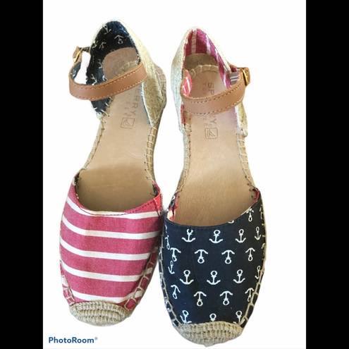 Sperry Topsider Espadrilles Nautical Anchor Sz. 6 Vacation Patriotic Red Navy