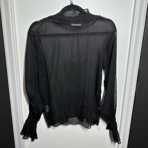 Oak + Fort  Black Sheer Ruffle Neck Sleeve Top Long Sleeve Size Small