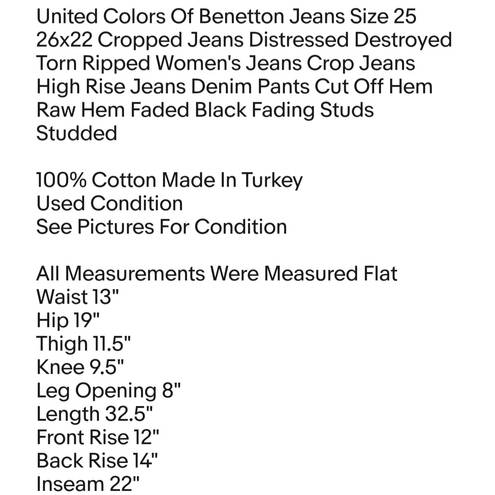 United Colors Of Benetton  Jeans Size 25 26x22 Cropped Jeans Distressed Destroyed 