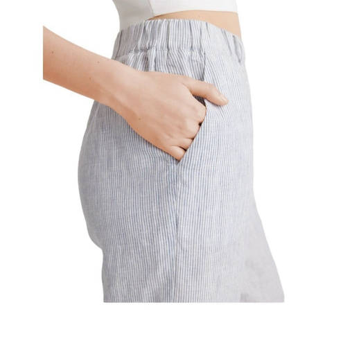 Quince Pants Women's XS Blue Pinstripe Linen Cropped Elastic Waist Casual