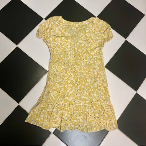 Wish Golden Bloom Floral V-Neck Short Sleeve Dress Ruffle Hem Mustard Yellow szL