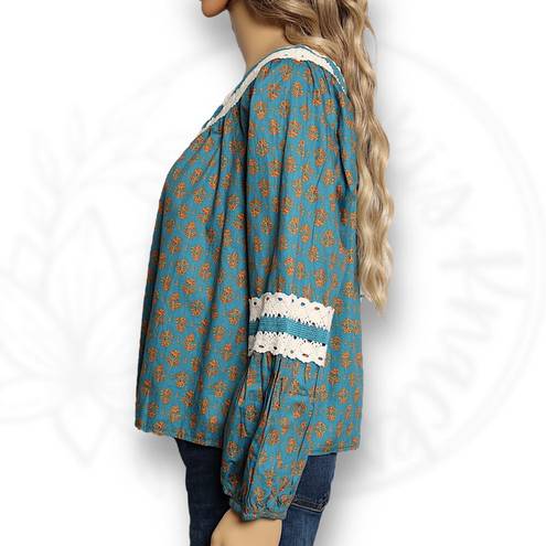 Luna  Moon Crochet Boho Peasant Printed Long Sleeve Blouse Teal Blue Size XL