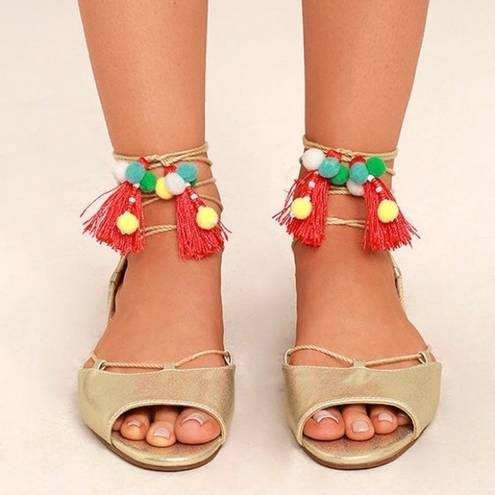 Betsey Johnson  𝅺Abree Gold Lace-up Pom-Pom Sandals