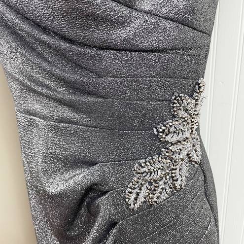 Oleg Cassini  Beaded Ruched Metallic Off-Shoulder Sheath Gown Gunmetal Size 12